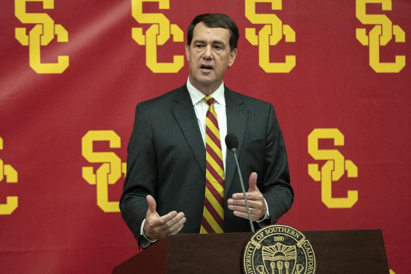 LOS ANGELES, CALIF. -- THURSDAY, NOVEMBER 7, 2019: New USC athletic director Mike Bohn speaks during news conference.