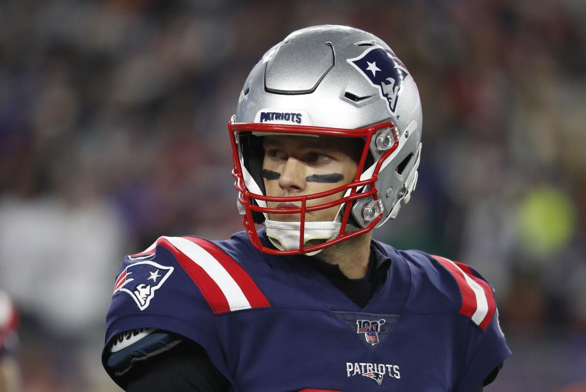 New England Patriots quarterback Tom Brady looks on against the New York Giants during an NFL football game, Thursday, Oct. 10, 2019 in Foxborough, Mass. (Winslow Townson/AP Images for Panini)