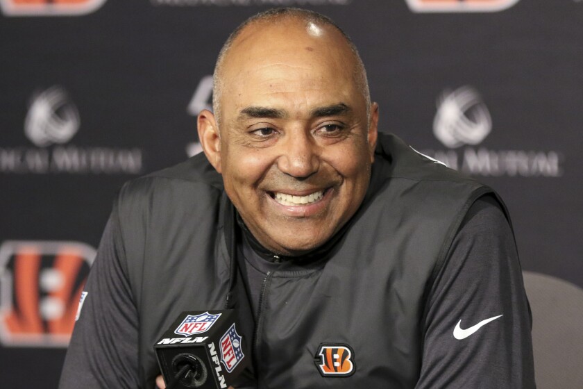 FILE - Cincinnati Bengals head coach Marvin Lewis attends a new conference after an NFL football game against the Oakland Raiders in Cincinnati, in this Sunday, Dec. 16, 2018, file photo. The New York Jets interviewed former Cincinnati Bengals coach Marvin Lewis on Thursday, Jan. 7, 2021, for their head coaching vacancy. Lewis is currently on former Jets coach Herman Edwards' staff at Arizona State as the Sun Devils' co-defensive coordinator. (AP Photo/Gary Landers, File)