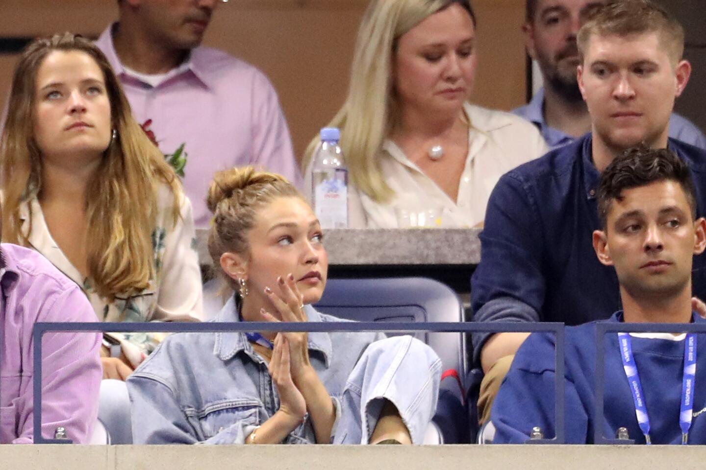 Gigi Hadid watches intensely as Serena Williams of the United States and Catherine McNally of the United States compete against each other at the Women's Singles second-round match on day three of the 2019 U.S. Open at the USTA Billie Jean King National Tennis Center on Aug. 28, 2019, in Queens.