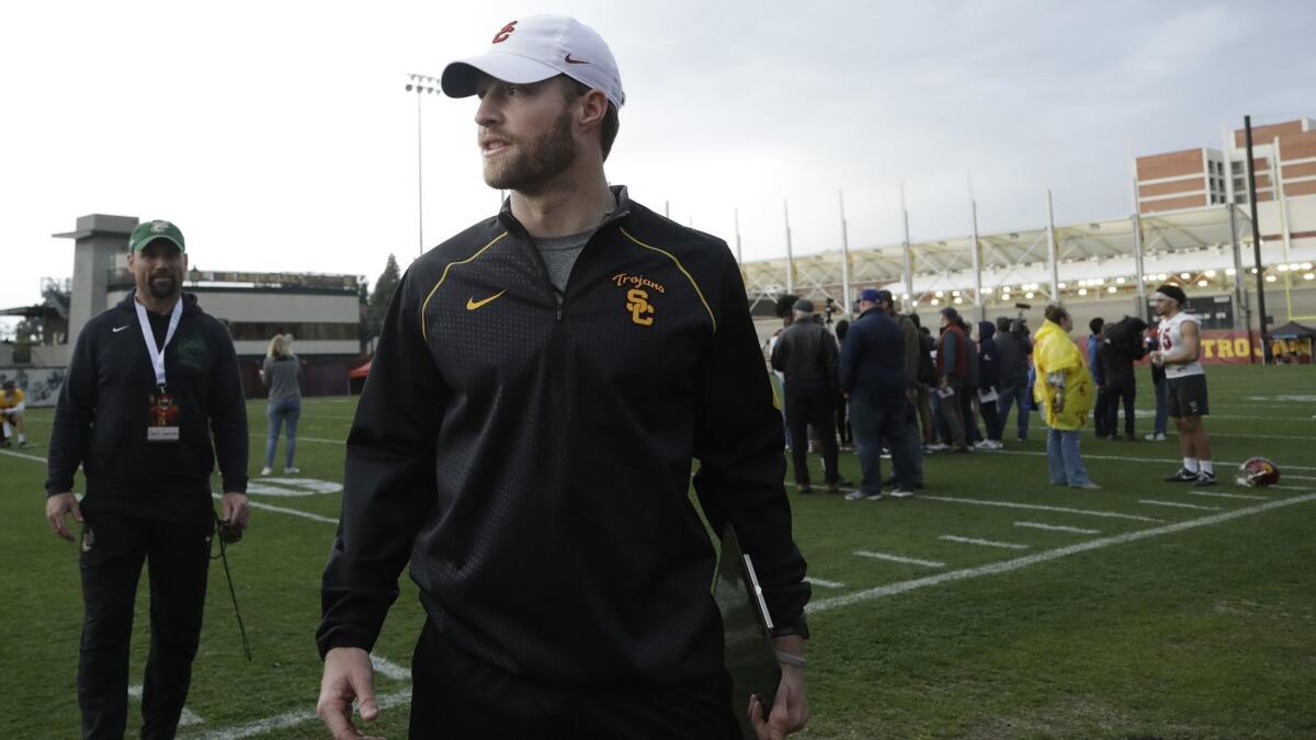 John David Baker, an offensive quality control analyst who followed offensive coordinator Graham Harrell to USC last January, at USC spring football practice in 2019.