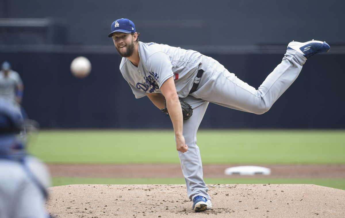 Dodgers starter Clayton Kershaw delivers a pitch against the San Diego Padres on Sept. 26.