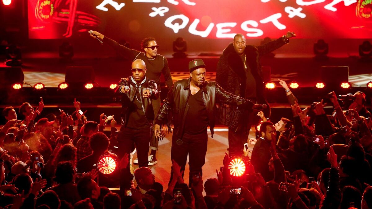 Busta Rhymes, right, joined the group for its recent performance on "Jimmy Kimmel Live!"
