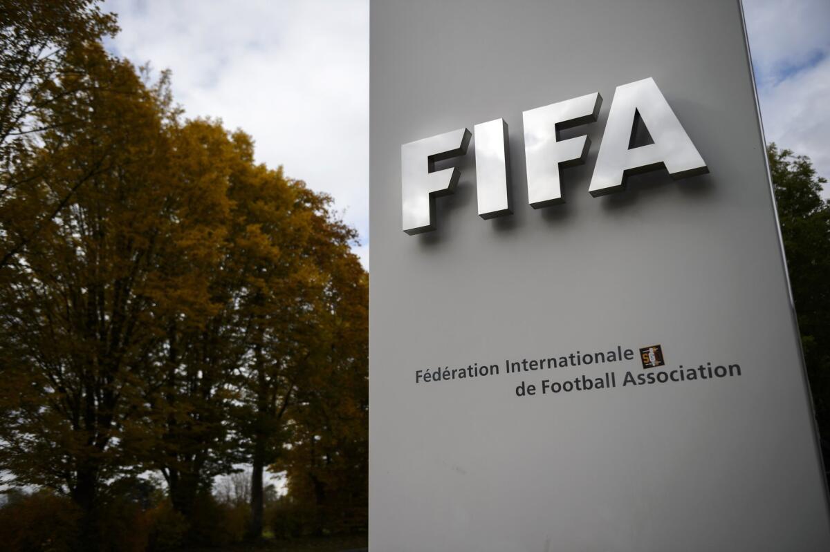 The entrance sign at FIFA's world headquarters in Zurich, Switzerland, on Oct. 8.