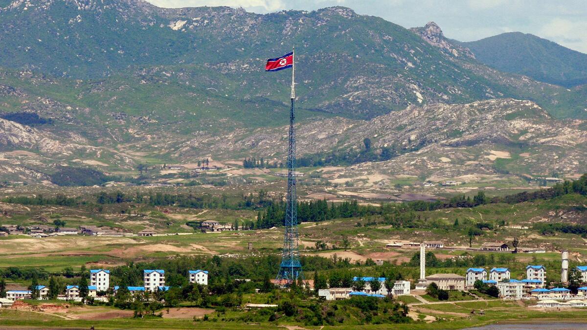 North Korea's "peace village" of Kijong-dong is seen from an observation post in Panmunjom, South Korea. The South Koreans have a different name for it: "propaganda village."