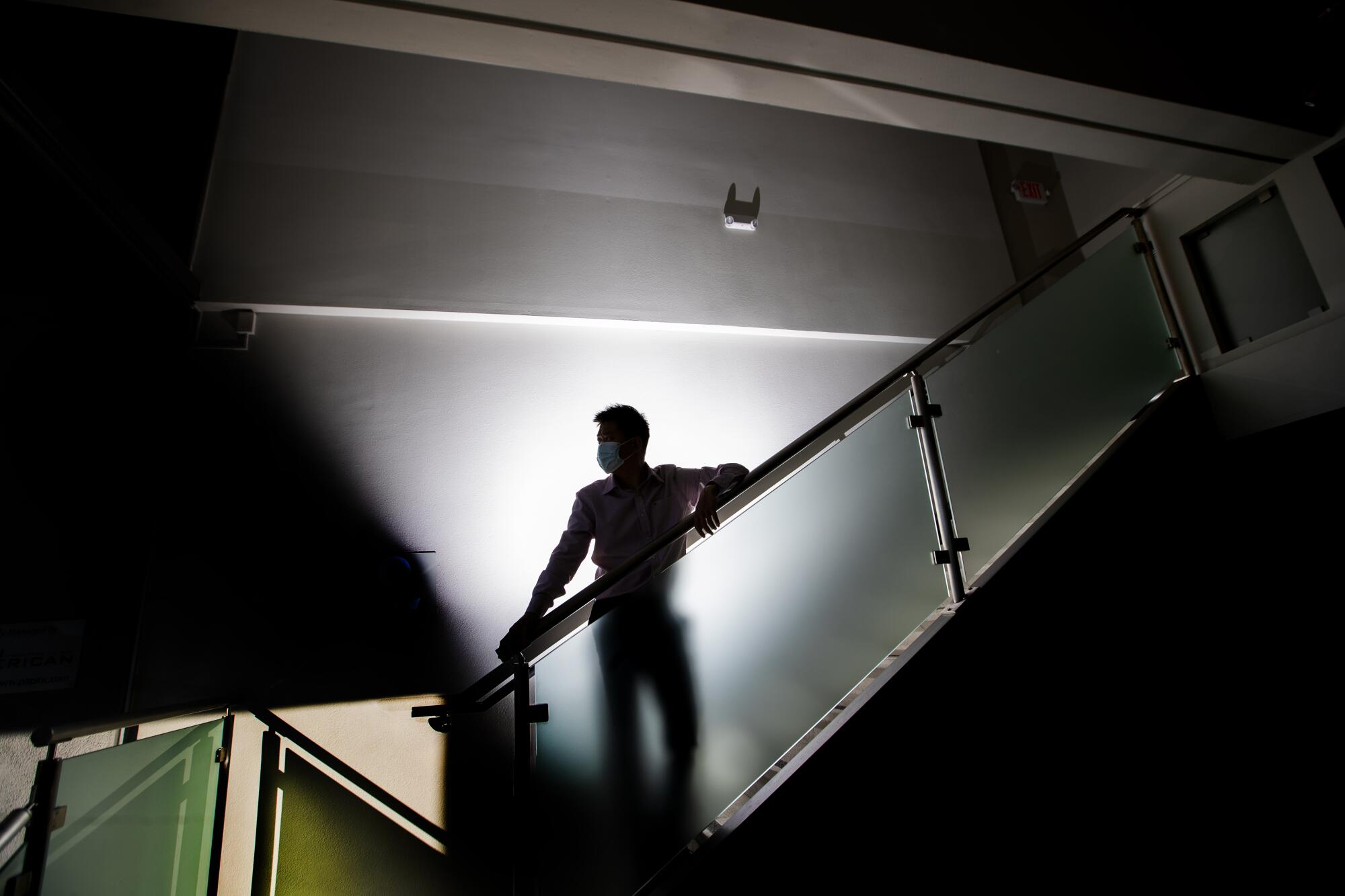 A man in shadows stands on a staircase
