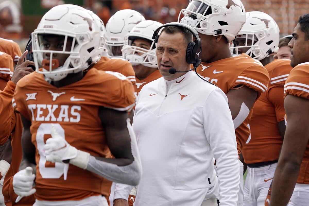 Texas coach Steve Sarkisian calls a play from the sideline during a game in November 2021.