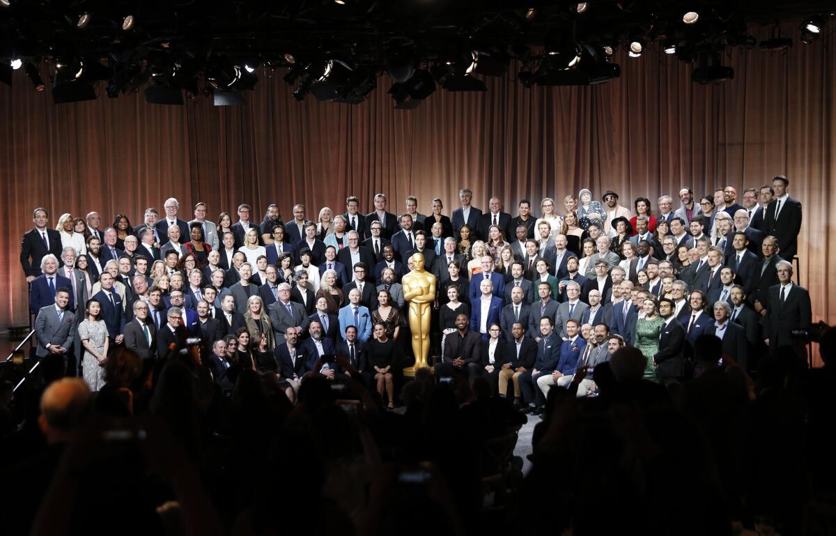 The group photo of most of the nominees at the nominees luncheon for the 90th Oscars in the Beverly Hilton Grand Ballroom.