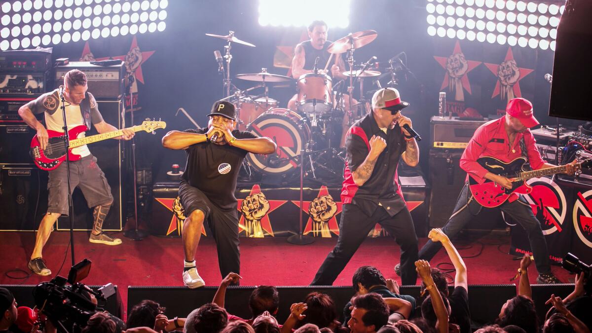 The Prophets of Rage: Tim Commerford on bass, from left, Chuck D on vocals, Brad Wilk on drums, B-Real on vocals and Tom Morello.