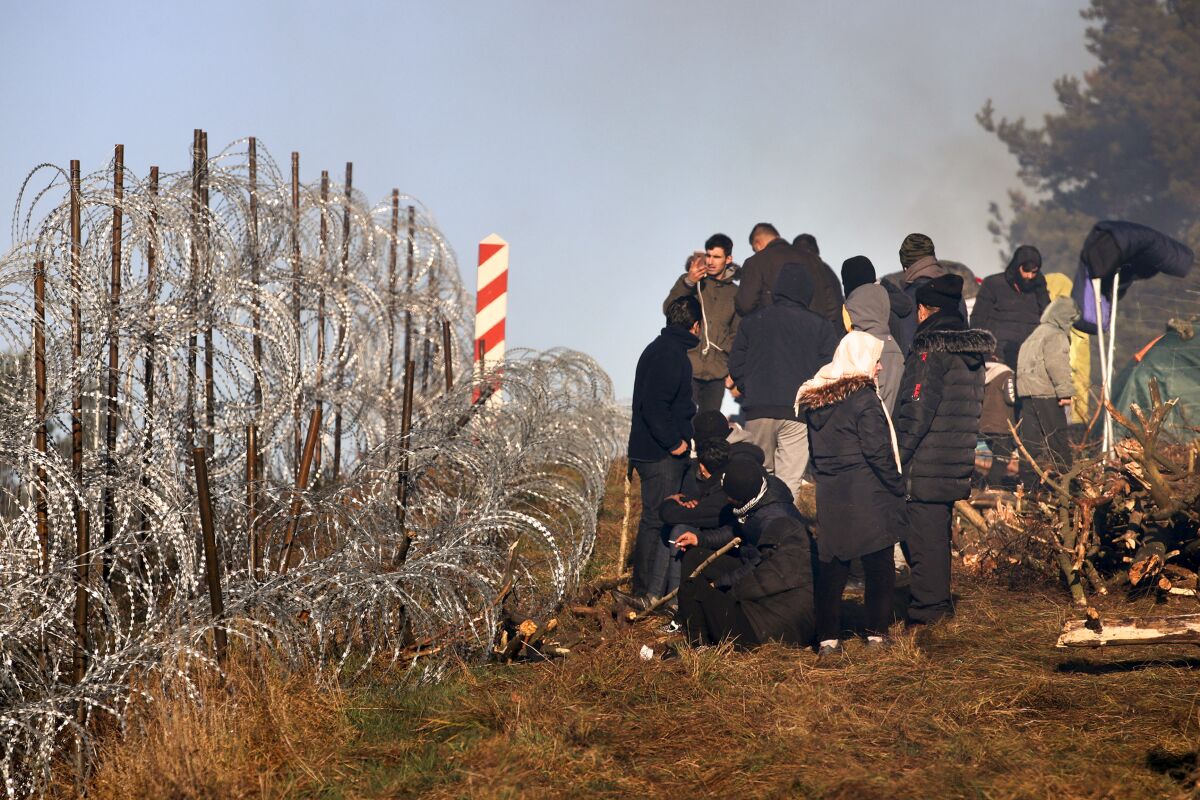 Migrants from the Middle East and elsewhere gather in front of the barbed wire at the Belarus-Poland border near Grodno Grodno, Belarus, Tuesday, Nov. 9, 2021. Hundreds if not thousands of migrants sought to storm the border from Belarus into Poland on Monday, cutting razor wire fences and using branches to try and climb over them. The siege escalated a crisis along the European Union's eastern border that has been simmering for months. (Leonid Shcheglov/BelTA via AP)