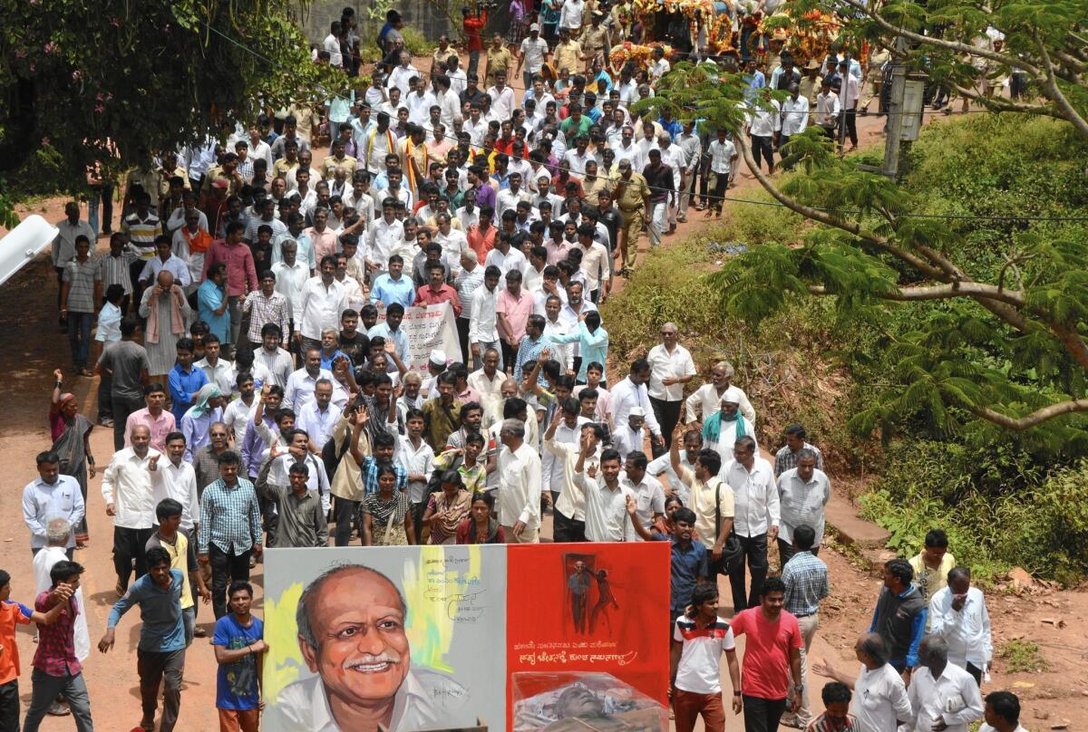 The funeral procession for M.M. Kalburgi. Hours after Kalburgi was slain, a member of a militant Hindu group tweeted: “Mock Hinduism and die a dog’s death.”