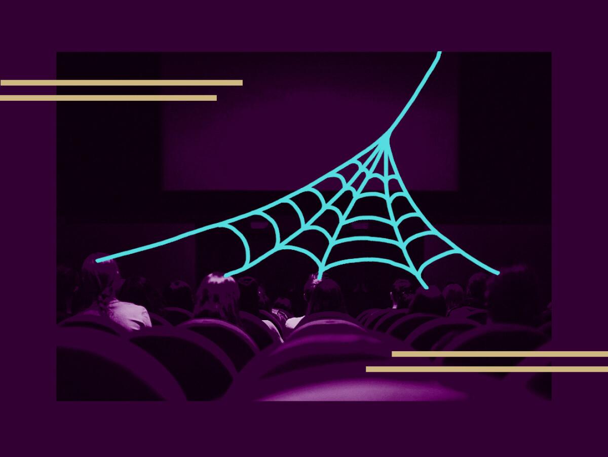 illustration of a movie-theater audience getting caught in a web