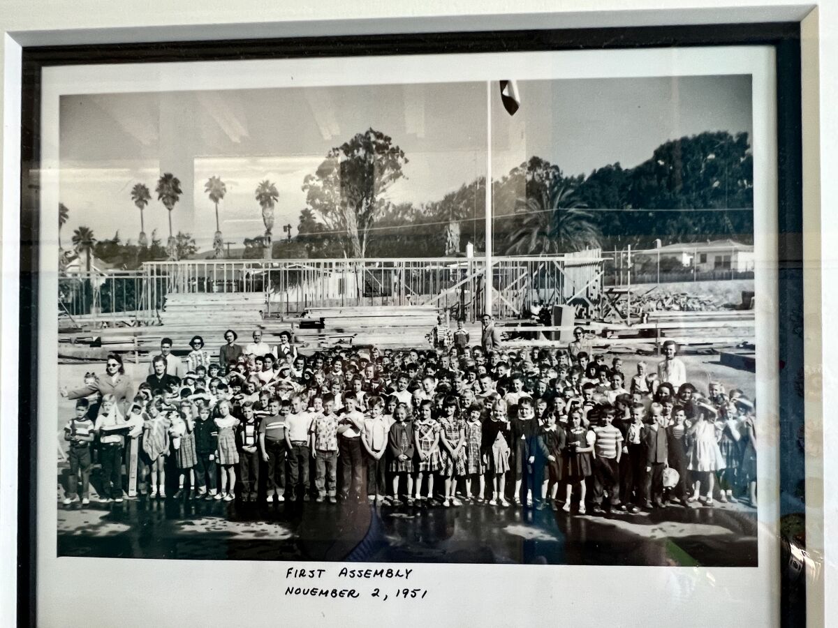 A photo in a Bird Rock Elementary School hallway shows the first school assembly Nov. 2, 1951.