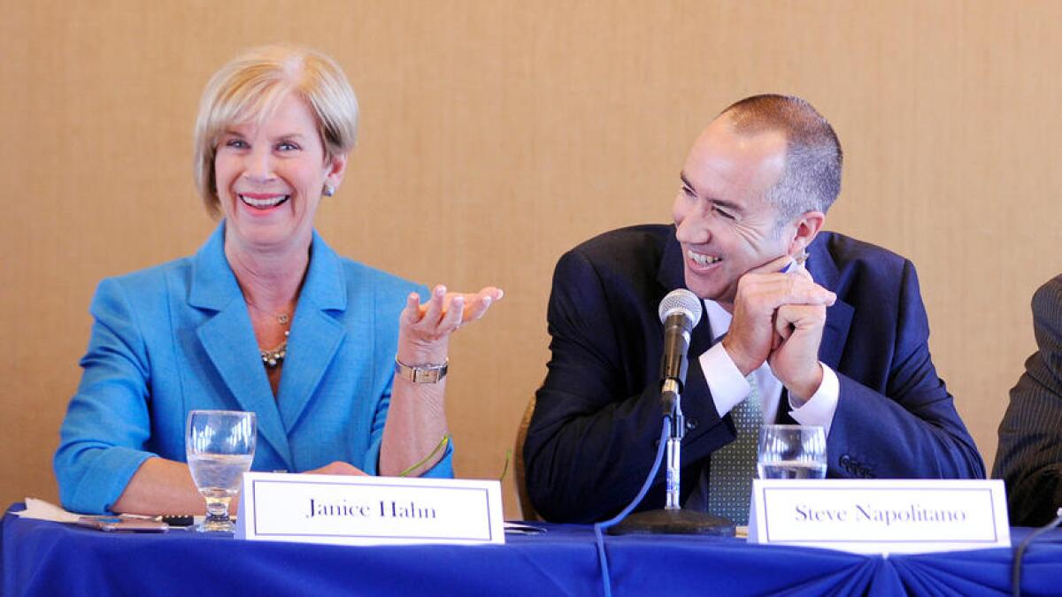Supervisor candidates Janice Hahn and Steve Napolitano at a debate in May.