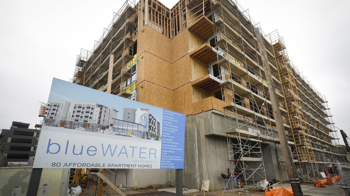 SAN DIEGO, CA 1/17/2019: Bluewater, the 80-apartment complex being built at the corner of Fairmont Avenue and Twain Avenue in Grantville. Photo by Howard Lipin/San Diego Union-Tribune/Mandatory Credit: HOWARD LIPIN SAN DIEGO UNION-TRIBUNE/ZUMA PRESS