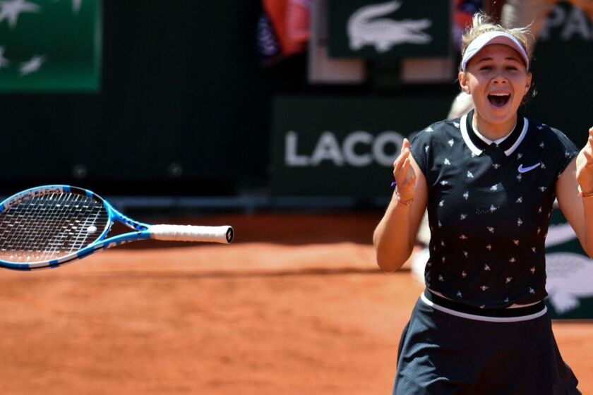 Amanda Anisimova of the US celebrates after winning against Romania's Simona Halep at the end of their women's singles quarter-final match on day twelve of The Roland Garros 2019 French Open tennis tournament in Paris on June 6, 2019. (Photo by Martin BUREAU / AFP)MARTIN BUREAU/AFP/Getty Images ** OUTS - ELSENT, FPG, CM - OUTS * NM, PH, VA if sourced by CT, LA or MoD **
