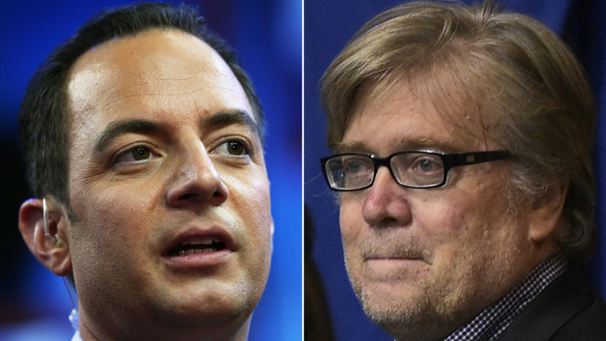 Republican National Committee Chairman Reince Priebus, left, and Trump campaign Chief Executive Officer Stephen K. Bannon.