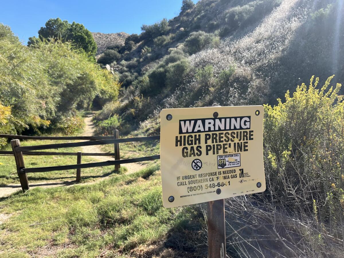 A sign warning of a high-pressure gas pipeline at Big Morongo Canyon Preserve.