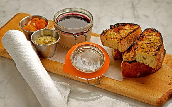 Chicken liver terrine with candied kumquats and rustic bread.