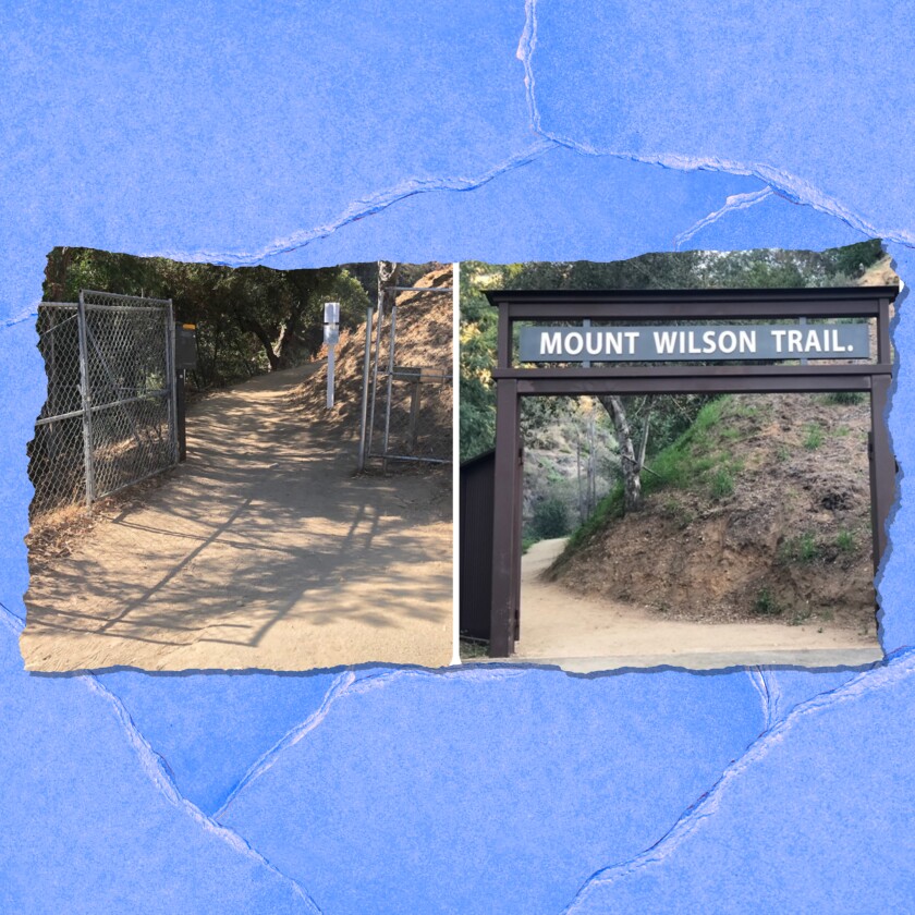 
A sign that says "Mount Wilson Trail." is shown next to an open chain link fence.