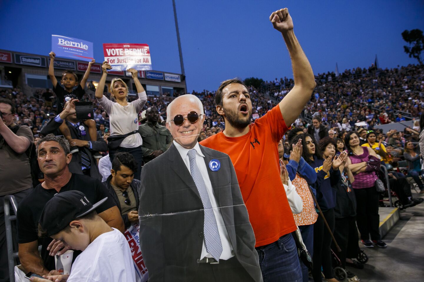 A lifesize Bernie Sanders cutout in the audience at Stubhub Center in Carson.