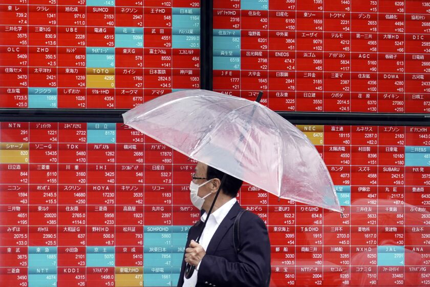 FILE - A person looks at an electronic stock board showing Japan's Nikkei 225 index at a securities firm in the rain in Tokyo, May 29, 2023. Asian shares mostly rose Friday, June 9, 2023, led by a jump on the Tokyo Stock Exchange where share prices got a boost of optimism from a new bull market on Wall Street.(AP Photo/Eugene Hoshiko, File)