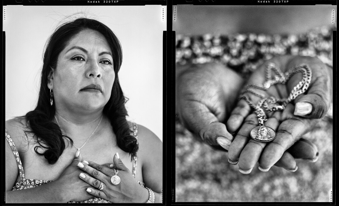 Griselda Urbina holds a necklace that belonged to her late husband