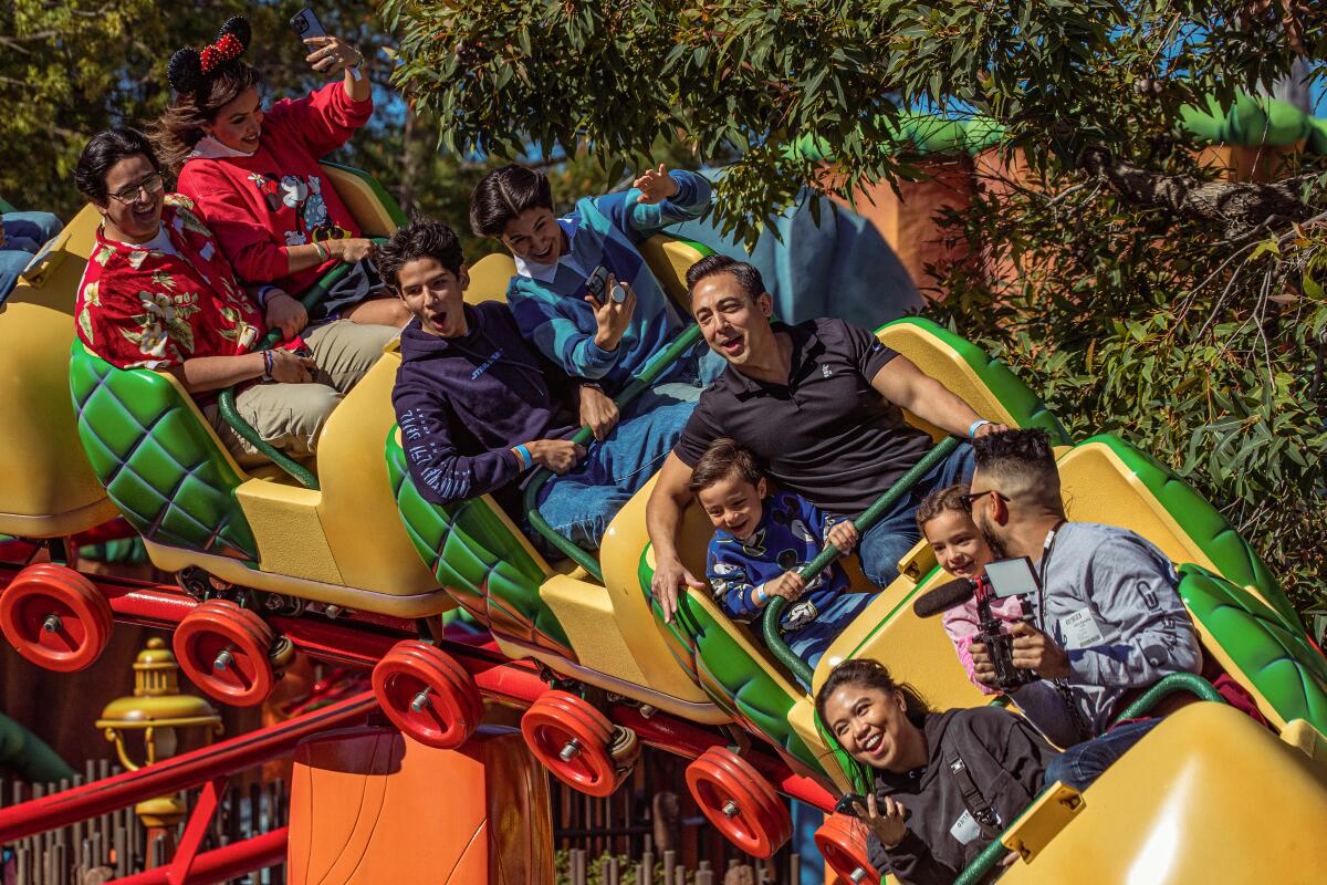 ANAHEIM, CA - MARCH 18: Visitors ride Gadget's Go Coaster at Toontown that reopened with a new look in Disneyland on Saturday, March 18, 2023 in Anaheim, CA. (Irfan Khan / Los Angeles Times)