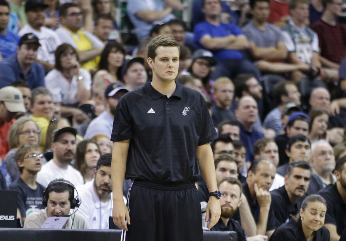 FILE - Former San Antonio Spurs summer league head coach Will Hardy looks on during the second half of an NBA summer league basketball game against the Utah Jazz on July 7, 2015, in Salt Lake City. Boston Celtics assistant Will Hardy has accepted an offer to become the new coach of the Utah Jazz, a person with knowledge of the negotiations said Tuesday, June 28, 2022. (AP Photo/Rick Bowmer, File)