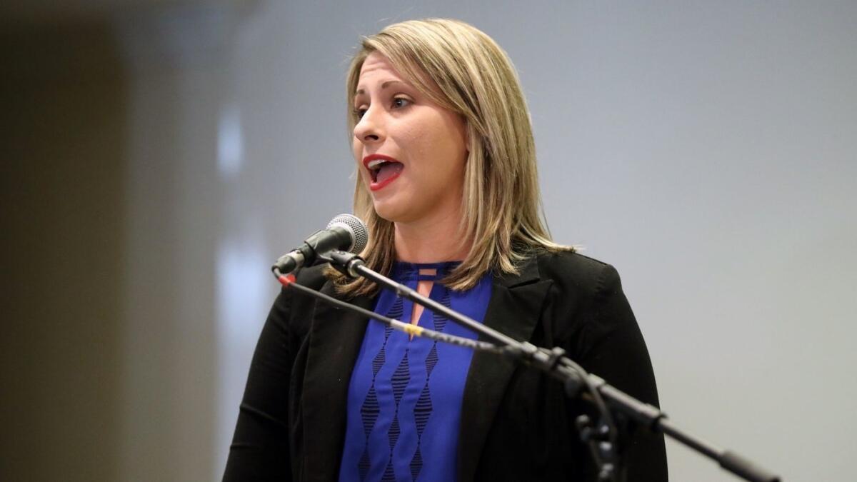 Democrat Katie Hill, running against Rep. Steve Knight (R-Palmdale) at a candidate forum in Lancaster.