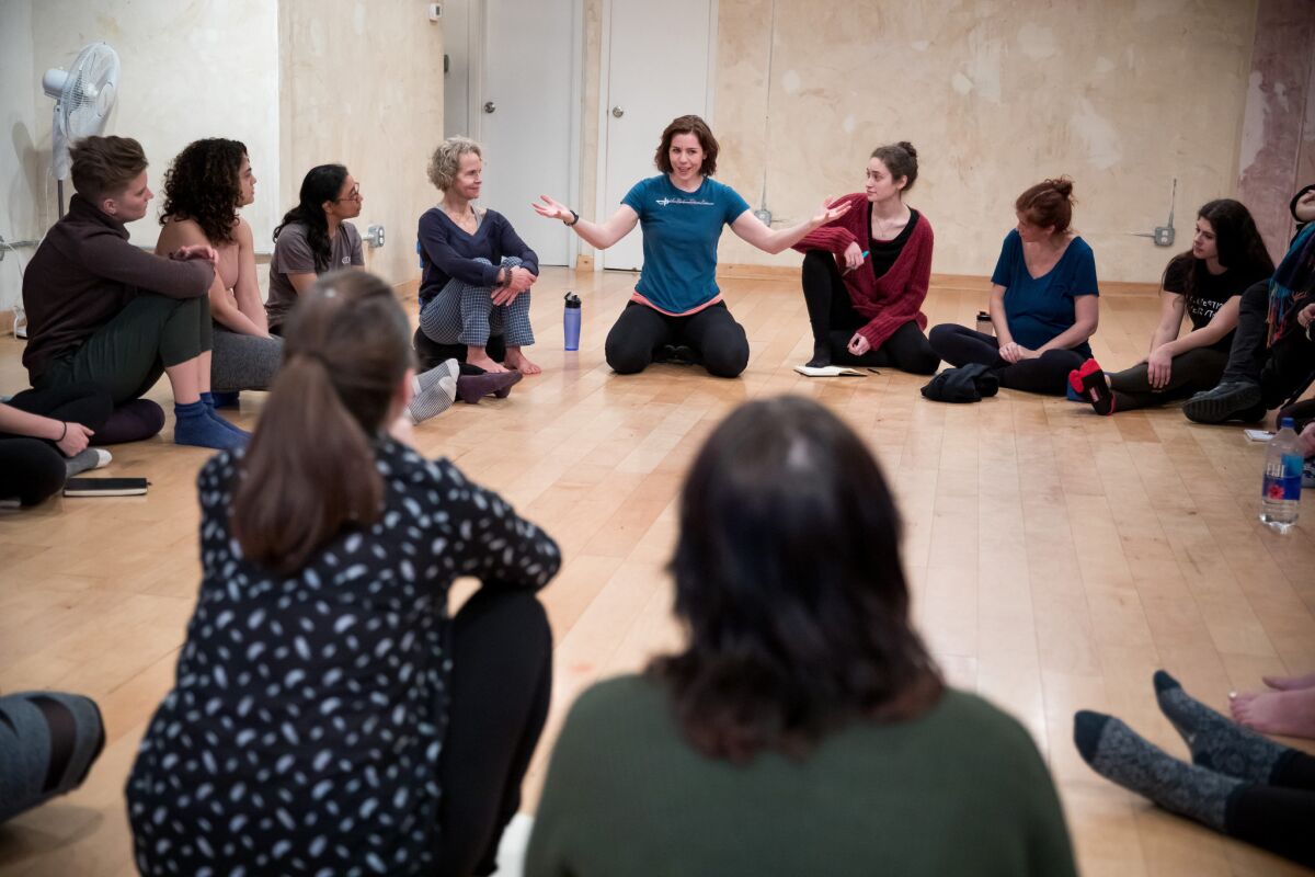Claire Warden, intimacy director and intimacy coordinator, center, teaches a consent training intimacy direction workshop at Lucid Body House.