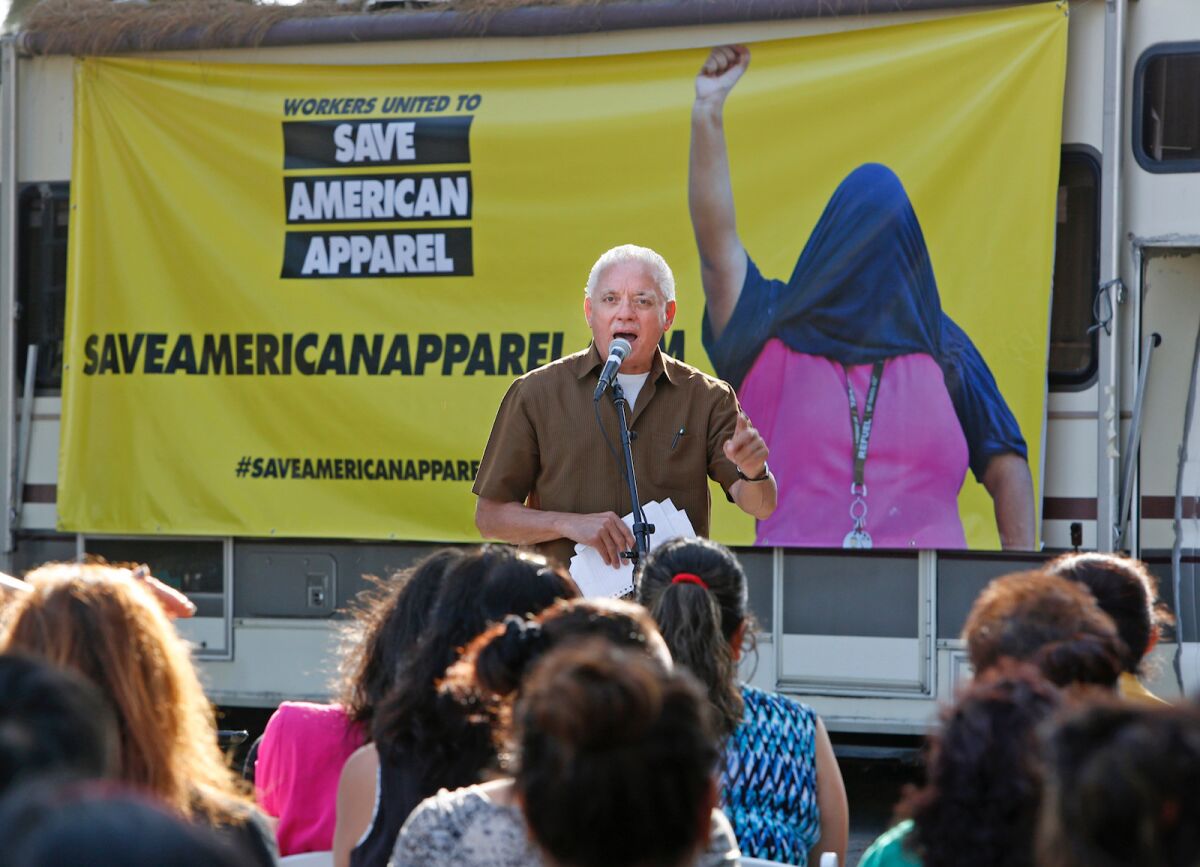 Lopez speaks as factory workers from American Apparel gather to discuss their grievances about changes made by the new CEO in Los Angeles in 2015.