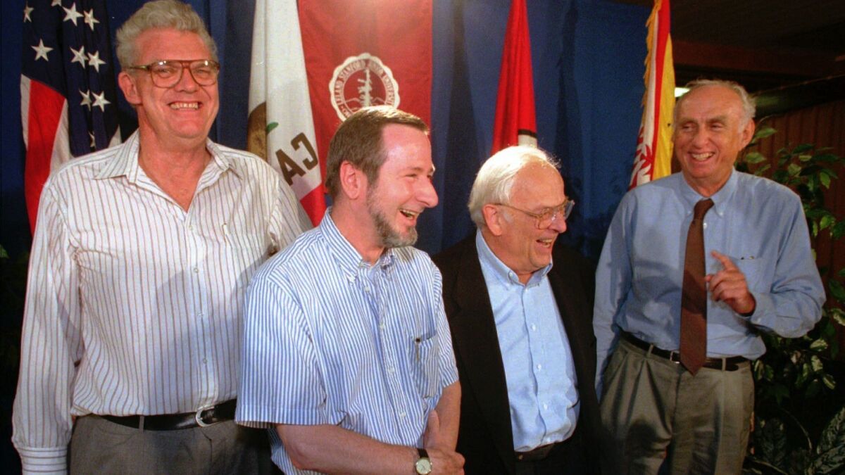 Nobel Prize winner Burton Richter, second from right, with other Stanford Nobel winners, from left, Richard Taylor, Douglas Osheroff, and Martin Perl.