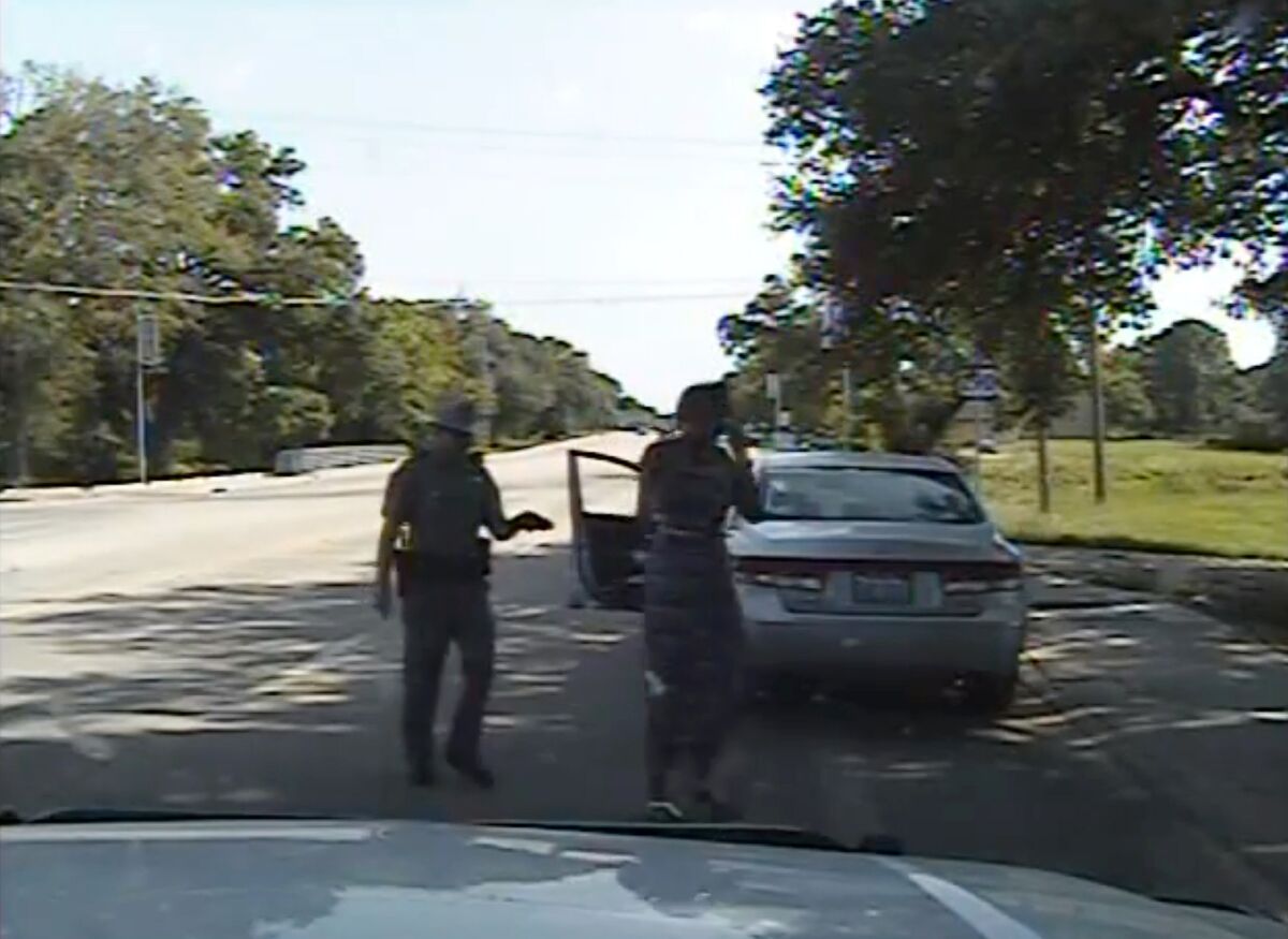 A still frame from a dashcam video provided by the Texas Department of Public Safety shows trooper Brian Encinia arresting Sandra Bland after a traffic stop on July 10 in Waller County, Texas.