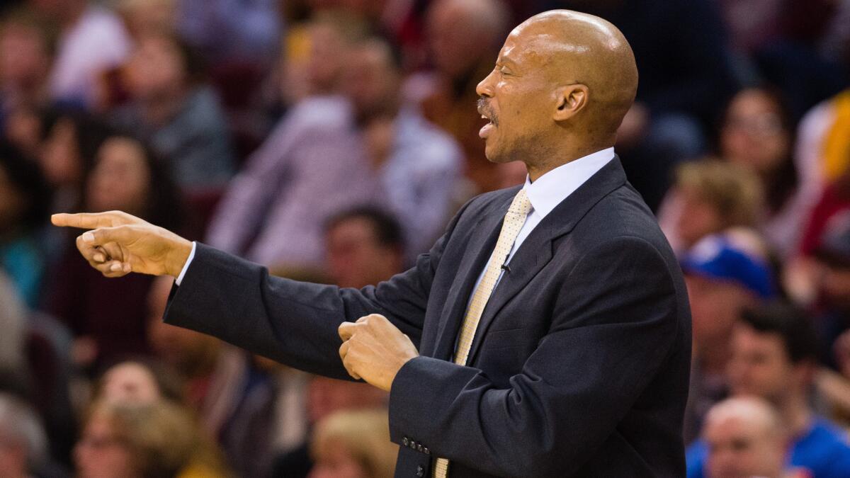 Lakers Coach Byron Scott instructs his players during a loss to the Cavaliers in Cleveland on Feb. 8.