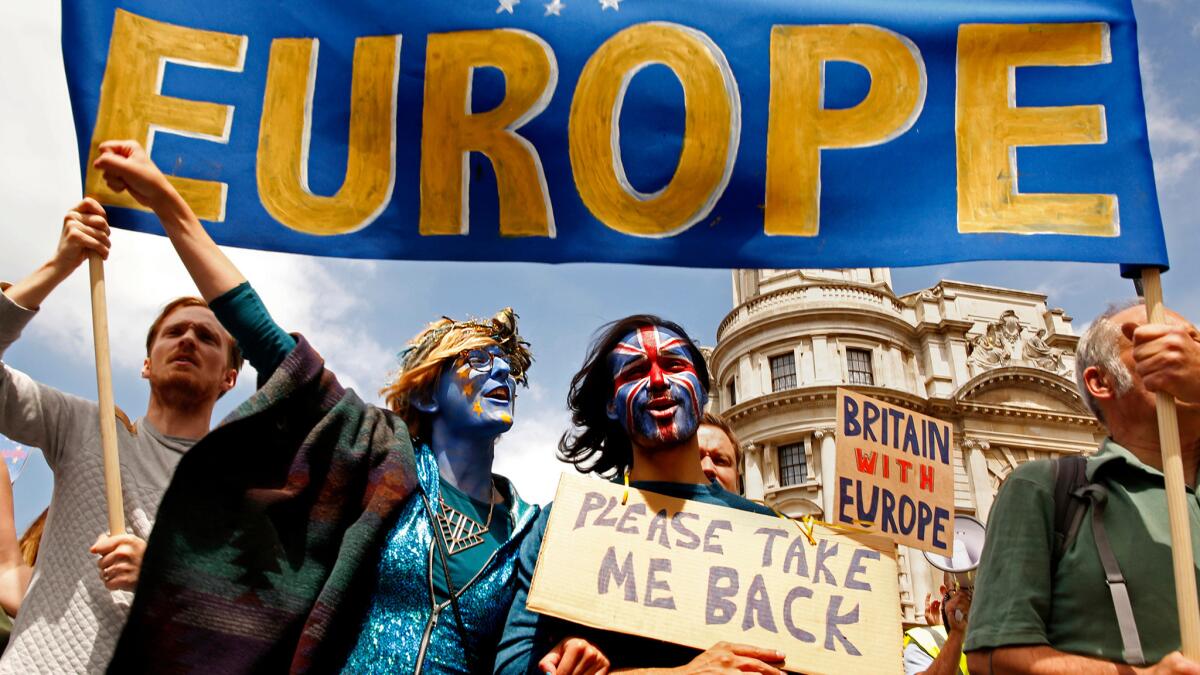 "Brexit" opponents show their solidarity with Europe during a protest in London on Saturday.