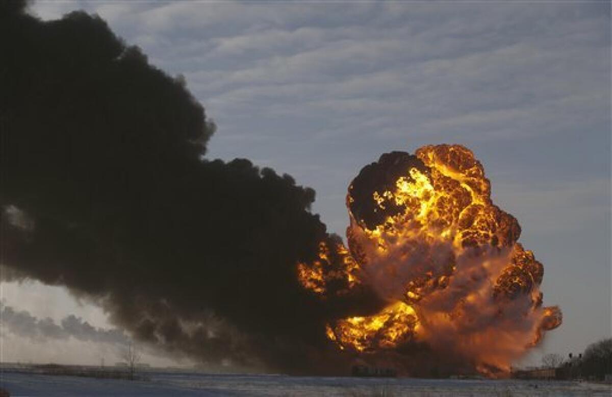 Fireball at the site of an oil train derailment in Casselton, N.D., in December 2013.