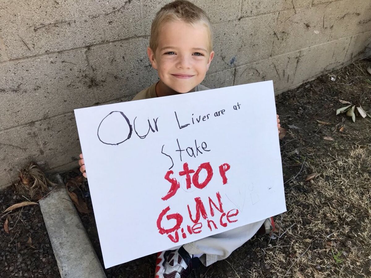 Micah McCathern, 8, holds a sign at the Santa Ana March for Our Lives.