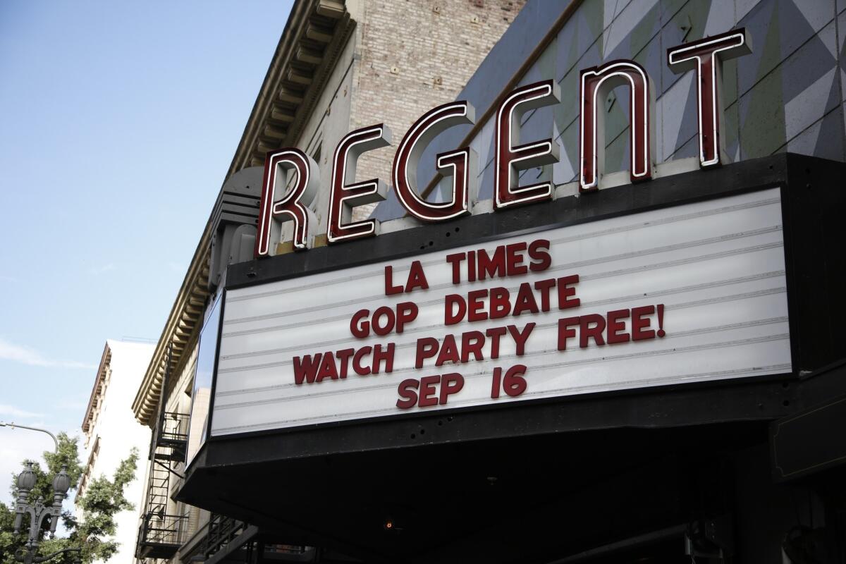 The marquee at the Regent theater, in downtown Los Angeles.