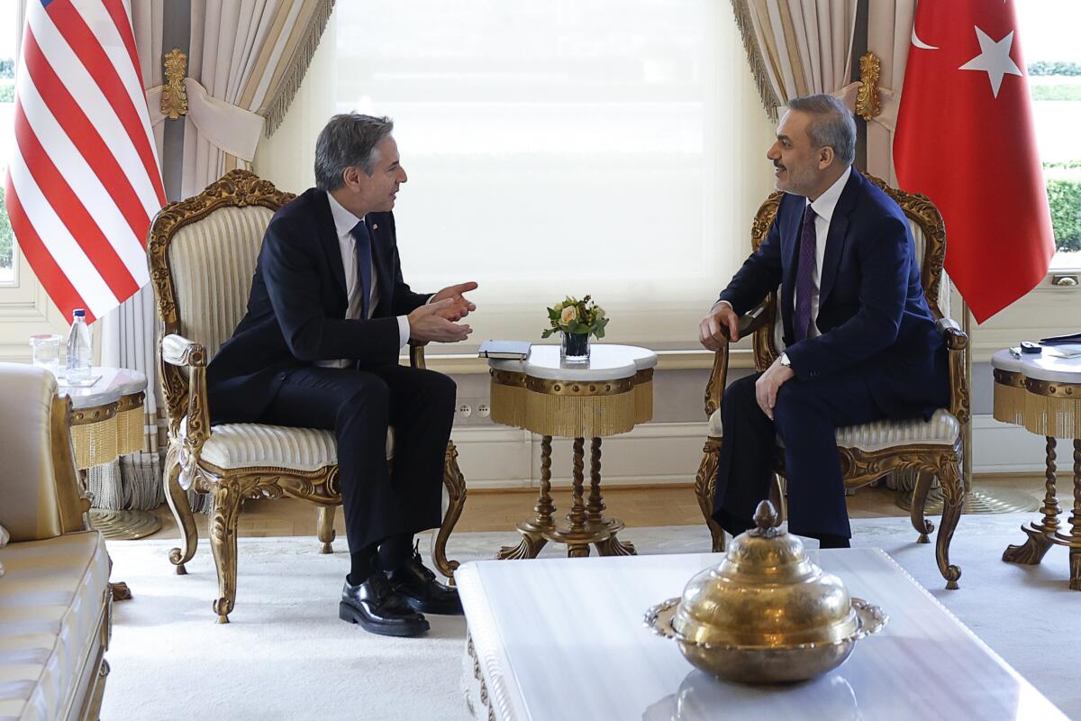 U.S. Secretary of State Antony J. Blinken, left, meets with Turkish Foreign Minister Hakan Fidan at Vahdettin