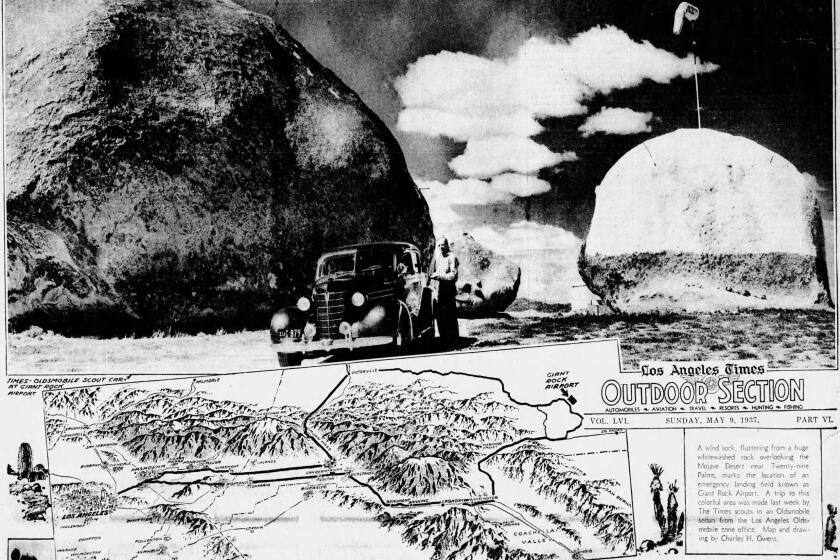 Newspaper clipping shows photograph of 1930s auto at Giant Rock, plus a detailed map locating Giant Rock Airport.