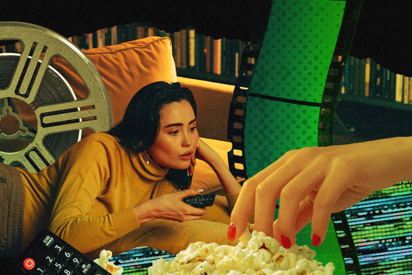 Collage of a woman with a remote, hand reaching into popcorn 