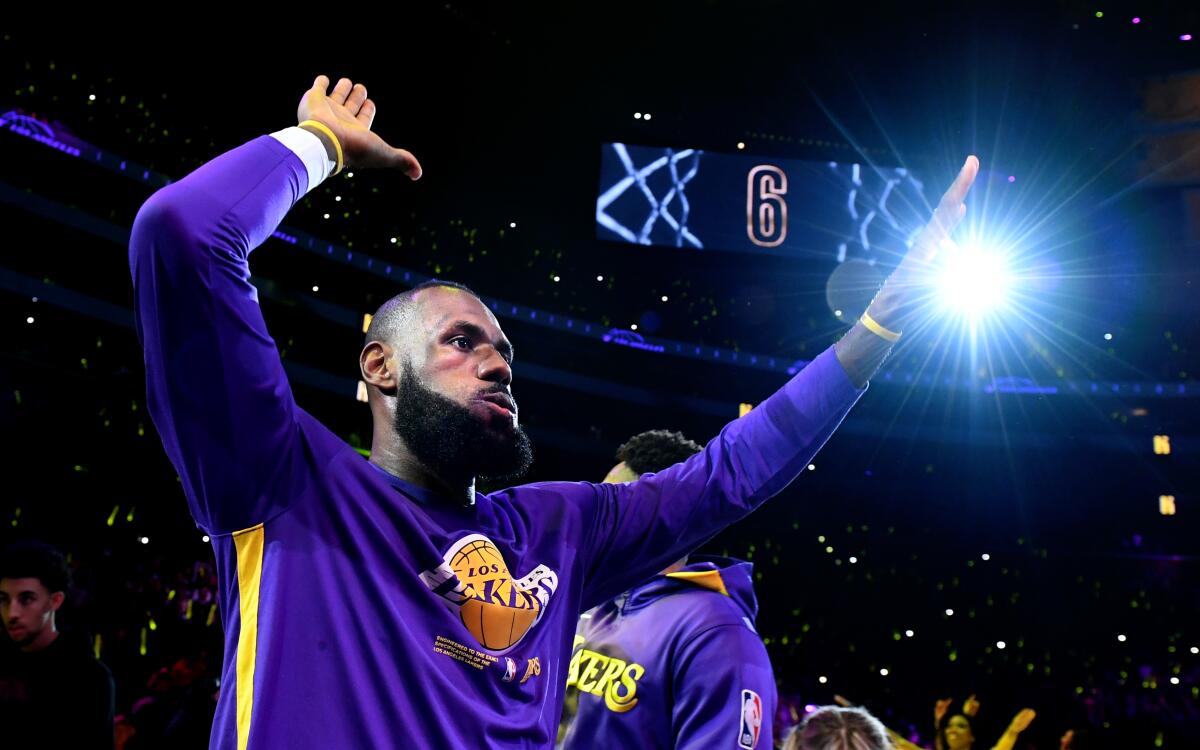 Lakers star LeBron James is introduced before a playoff game at Crypto.com Arena.