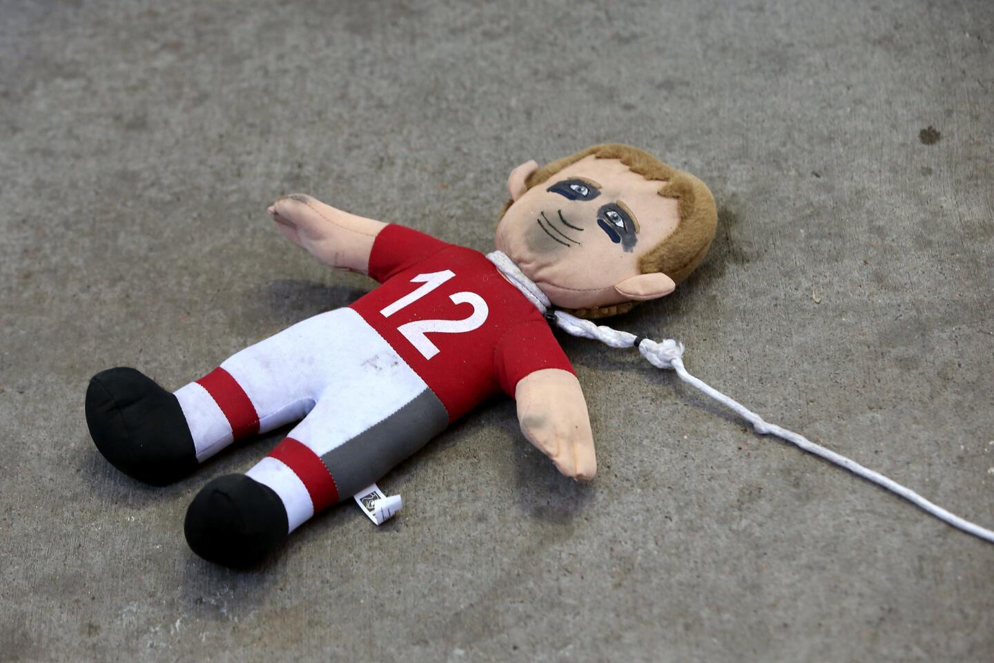 DENVER, CO - JANUARY 24: A Tom Brady #12 of the New England Patriots doll is seen on the ground during the AFC Championship game against the Denver Broncos at Sports Authority Field at Mile High on January 24, 2016 in Denver, Colorado. (Photo by Doug Pensinger/Getty Images) ** OUTS - ELSENT, FPG, CM - OUTS * NM, PH, VA if sourced by CT, LA or MoD **