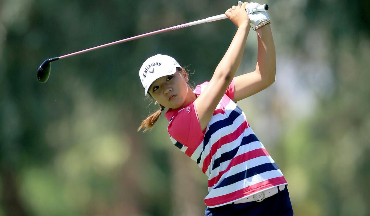 Lydia Ko hits her second shot at the par-five ninth hole during the first round of the ANA Inspiration golf tournament on Thursday.