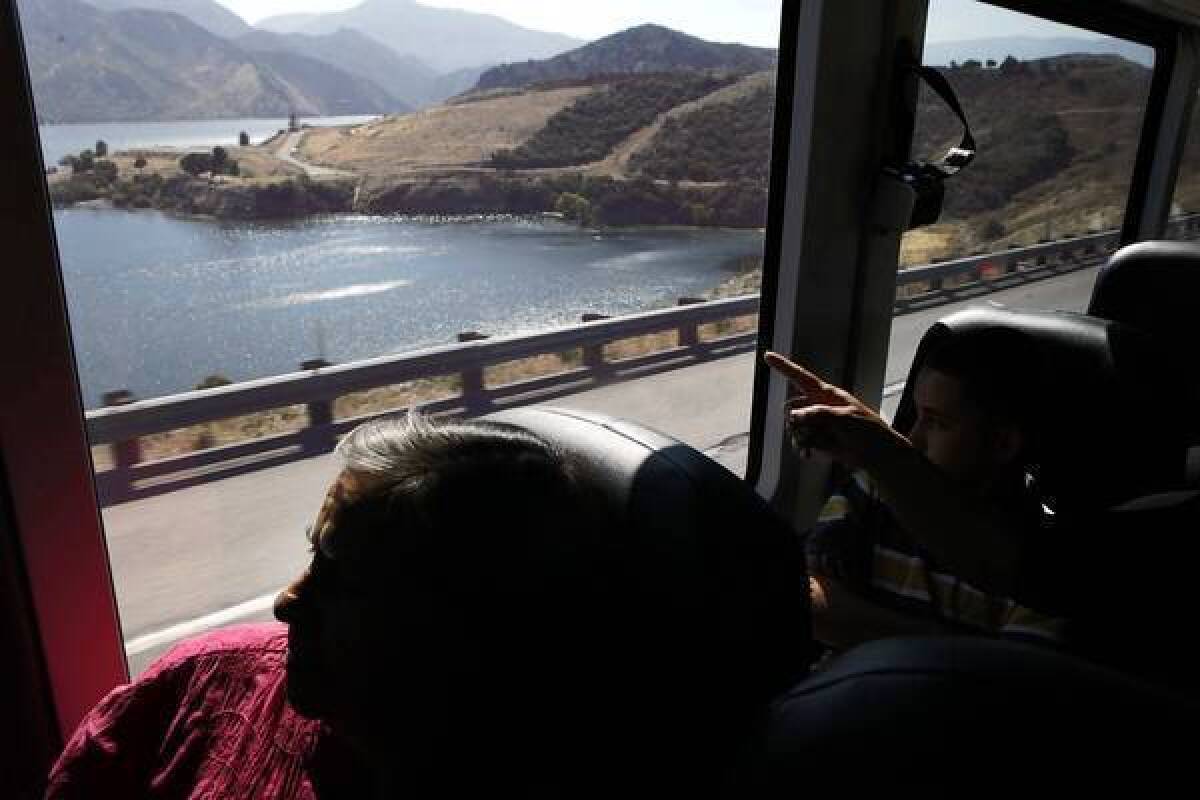 Bus seats afford a good view of Pyramid Lake, near Castaic, on a Greyhound trip in California.