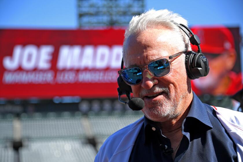 ANAHEIM, CA - OCTOBER 24: Joe Madden is interviewed by Major League Baseball after he was introduced as the new manager of the Los Angeles Angels during a press conference at Angel Stadium of Anaheim on October 24, 2019 in Anaheim, California. (Photo by Jayne Kamin-Oncea/Getty Images)