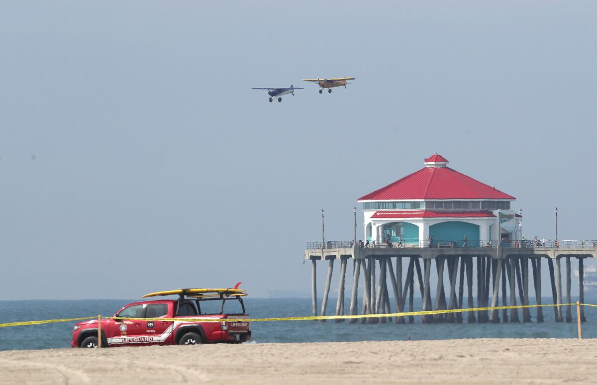 Aircraft fly during the Pacific Airshow press conference in Huntington Beach in February.