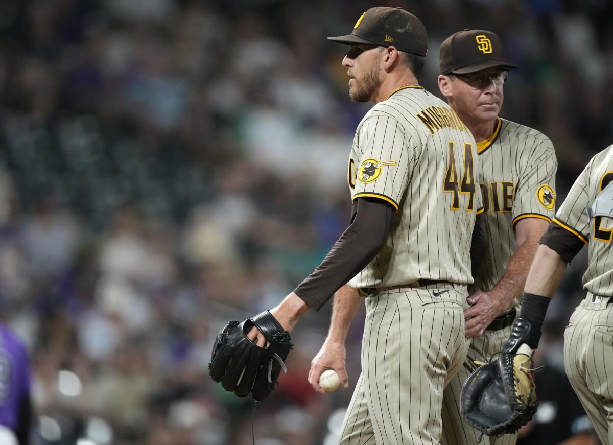 Padres starting pitcher Joe Musgrove is pulled from the game by manager Bob Melvin.