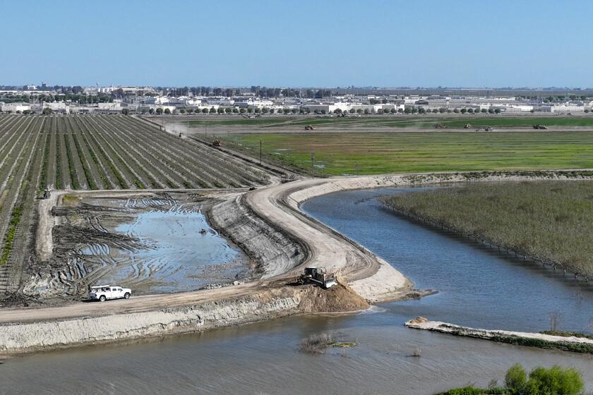 Corcoran, CA, Wednesday, April 19, 2023 - A skip loader continues to repair a broken levee along the Tule River. Located on 5th Ave. just North of the river, a parade of earth movers are moving dirt from a field near Corcoran prison to a nearby levee embankment. (Robert Gauthier/Los Angeles Times)